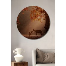 Teona Ahşap Sonbaharın Büyülü Dokunuşu Anne Yavru Geyik Yağlı Boya Görünümlü Ahşap Dekoratif Tablo Yuvarlak Duvar Tablosu