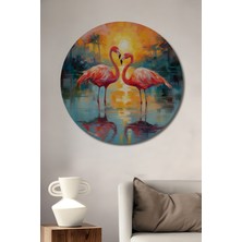 Teona Ahşap Aşk Dolu İki Flamingo Yağlı Boya Görünümlü Ahşap Dekoratif Tablo Yuvarlak Duvar Tablosu