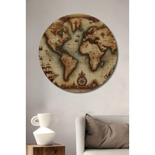Teona Ahşap Gızemlı Dünya Haritası Yağlı Boya Görünümlü Ahşap Dekoratif Tablo Yuvarlak Duvar Tablosu