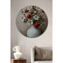 Teona Ahşap Kırmızı Çilek Ve Beyaz Çiçek Buketi Yağlı Boya Görünümlü Ahşap Dekoratif Tablo Yuvarlak Duvar Tablosu
