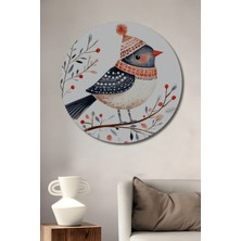 Teona Ahşap Sevimli Kış Kuşu Sulu Boya Görünümlü Ahşap Dekoratif Tablo Yuvarlak Duvar Tablosu