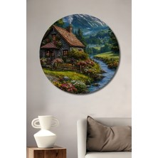 Teona Ahşap Masalsı Taş Ev Ve Doğa Manzarası Yağlı Boya Görünümlü Dekoratif Ahşap Tablo Yuvarlak Duvar Tablosu