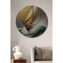 Teona Ahşap Görkemli Yelkenli Ve Dalgalar Yağlı Boya Görünümlü Ahşap Dekoratif Tablo Yuvarlak Duvar Tablosu