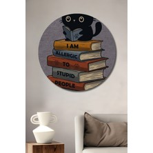 Teona Ahşap Sevimli Kara Kedi Kitap Okuyor Sulu Boya Görünümlü Ahşap Dekoratif Tablo Yuvarlak Duvar Tablosu