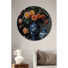 Teona Ahşap Büyüleyici Şeftali Gülleri Çini Vazo Dekoratif Ahşap Tablo Yuvarlak Duvar Tablosu