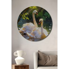 Teona Ahşap Büyülü Ormanda Aşk Seli İki Kuğu Yağlı Boya Görünümlü Ahşap Dekoratif Tablo Yuvarlak Duvar Tablosu