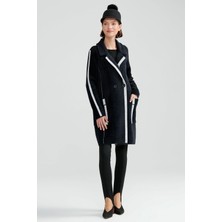 Tığ Triko Kadın Çizgi Detaylı ve Düğmeli Triko Kaban - Siyah