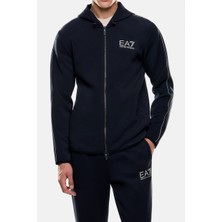 EA7 Erkek Kapüşonlu Uzun Kollu Şerit Detaylı Fermuarlı Sweatshirt - Lacivert/sarı