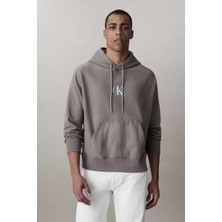 Calvin Klein Erkek Tam Kalıp Kapüşonlu Logo Baskılı Sweatshirt - Gri