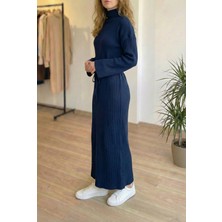 Niche Thread Volanlı Triko Tesettür Elbise - Lacivert