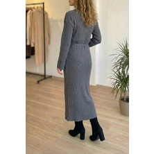 Niche Thread Volanlı Triko Tesettür Elbise - Gri