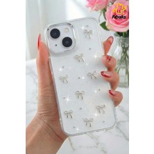 Fibaks Apple iPhone 14 Plus Kılıf Fiyonk Desenli Şeffaf Simli Gümüş Kamera Çıkıntılı Parlak Kapak