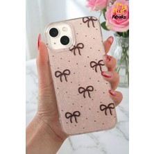 Fibaks Apple iPhone 14 Plus Uyumlu Kılıf Simli Siyah Fiyonk Desenli Renkli Parlak Darbe Emici Kapak