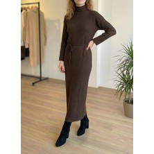 Niche Thread Volanlı Triko Tesettür Elbise - Kahve