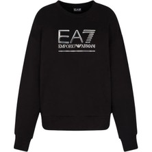 EA7 Kadın Kapüşonlu Tam Kalıp Kanguru Cepli Sweatshirt - Siyah/gümüş