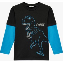 Koton Uzun Çıkma Kollu Bisiklet Yaka Pamuklu Dinozor Baskılı Tişört