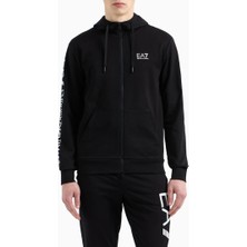 EA7 Erkek Kapüşonlu Tam Kalıp Logo Baskılı Fermuarlı Sweatshirt - Siyah