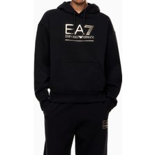 EA7 Kadın Kapüşonlu Tam Kalıp Kanguru Cepli Sweatshirt - Siyah