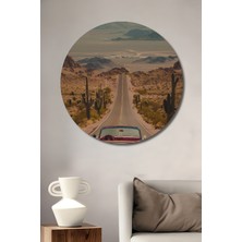 Teona Ahşap Pembe Klasik Cadillac Çöl Yolu Ahşap Dekoratif Tablo Yuvarlak Duvar Tablosu