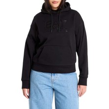 EA7 Kadın Tam Kalıp Kapüşonlu Tonal Logolu Sweatshirt - Siyah