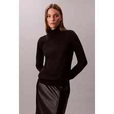 Calvin Klein Kadın Tam Kalıp Boğazlı Yaka Yün Karışımlı Kazak - Siyah