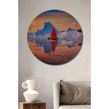Teona Ahşap Kırmızı Yelkenli Buzdağı Manzarası Yağlı Boya Görünümlü Ahşap Dekoratif Tablo Yuvarlak Duvar Tablosu