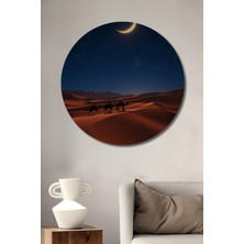 Teona Ahşap Ay Işığında Deve Kervanı Yağlı Boya Görünümlü Ahşap Dekoratif Tablo Yuvarlak Duvar Tablosu