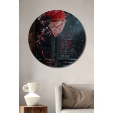 Teona Ahşap Kırmızı Kiraz Çiçeği Fanı Yağlı Boya Görünümlü Dekoratif Ahşap Tablo Yuvarlak Duvar Tablosu