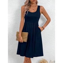 Demir Grup cc Kadın Askılı Yuvarlak Yaka Önden Pileli Viskon Elbise