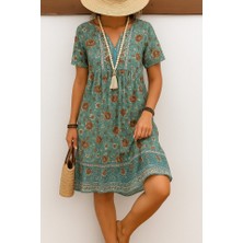 Demir Grup cc Kadın Kısa Kollu Yakası Bağcıklı önden Düğmeli Fırfır Desenli Süprem Elbise