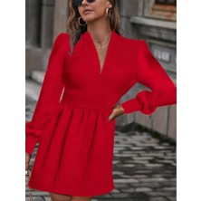 Demir Grup cc Kadın Uzun Kollu V Yaka Belden Hafif Pileli Scuba Krep Mini Boy Elbise