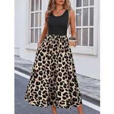 Demir Grup cc Kadın Askılı Yuvarlak Yaka Üst Viskon Alt Leopar Desenli Süprem Uzun Elbise