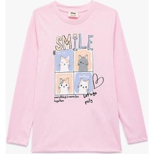 Koton Kız Çocuk Pamuklu Uzun Kollu Bisiklet Yaka Kedili Tişört