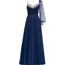 ILMIO Taş Detaylı Tek Kollu Tül Abiye-Lacivert