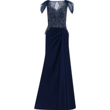 ILMIO Hint Aksesuarlı Balon Kol Dar Form Abiye-Lacivert