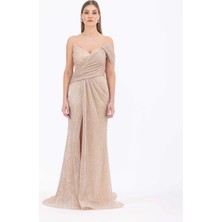 ILMIO Büzgülü Kırlangıç Yakalı Pul Detaylı Abiye-Gold