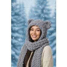 Ipekish Gri Renk Ayı Kulaklı Örgü Bere Atkı Seti | Kadın Kışlık Yumuşak Dokulu | Sevgiliye Özel Hediye