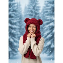 Ipekish Kırmızı Renk Ayı Kulaklı Örgü Bere Atkı Seti | Kadın Kışlık Yumuşak Dokulu | Sevgiliye Özel Hediye