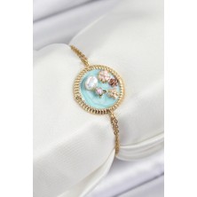 Shopwave 316L Çelik Zincir Turkuaz Mineli Sanatsal Portre Inci Detaylı Çiçek Model Gold Renk Kadın Bileklik - TJ-BB7227