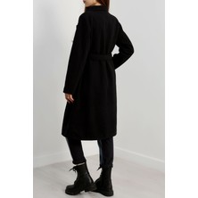 f.kereci Kadın Astarlı Kaşe Kaban 110 cm - Kuşaklı, Dar Kalıp - Siyah Renk