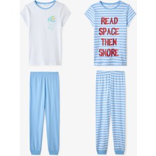 Penti Erkek Çocuk Mavi Çizgili Space Kısa Kollu 2'li Pijama Takımı