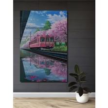 Teona Ahşap Anime Tarzı Pembe Tren ve Kiraz Çiçekleri Sulu Boya Görünümlü Ahşap Dekoratif Ev,antre,salon Tablo