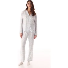 Penti Kırık Beyaz Sevimli Çiçek Gömlek Uzun Kollu Pijama Takımı