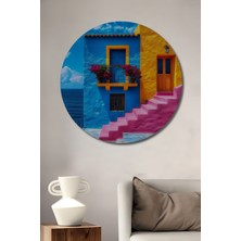 Teona Ahşap Akdeniz Esintisi Renkli Yapılar Yağlı Boya Görünümlü Dekoratif Ahşap Tablo Yuvarlak Duvar Tablosu