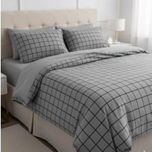 Laliva Gri Kareli Çift Kişilik Çarşafı Lastikli-Pamuk Nevresim Takımı-