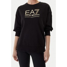 EA7 Kadın Tam Kalıp Bisiklet Yaka Metalik Logolu Sweatshirt - Siyah/altın
