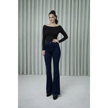 Studio Fashion 1988 Kadın Koyu Lacivert Yüksek Bel Esnek Ispanyol Paça Jean Pantolon