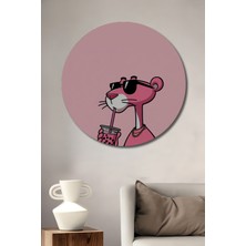 Teona Ahşap Pembe Panter Bubble Tea Keyif Tasarımlı Ahşap Dekoratif Tablo Yuvarlak Duvar Tablosu