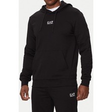 EA7 Erkek Tam Kalıp Kapüşonlu Kanguru Cepli Sweatshirt - Siyah