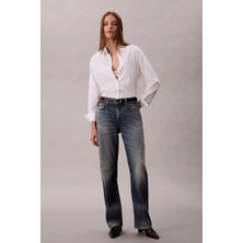 Calvin Klein Kadın Tam Kalıp Desenli %100 Pamuk Gömlek - Beyaz